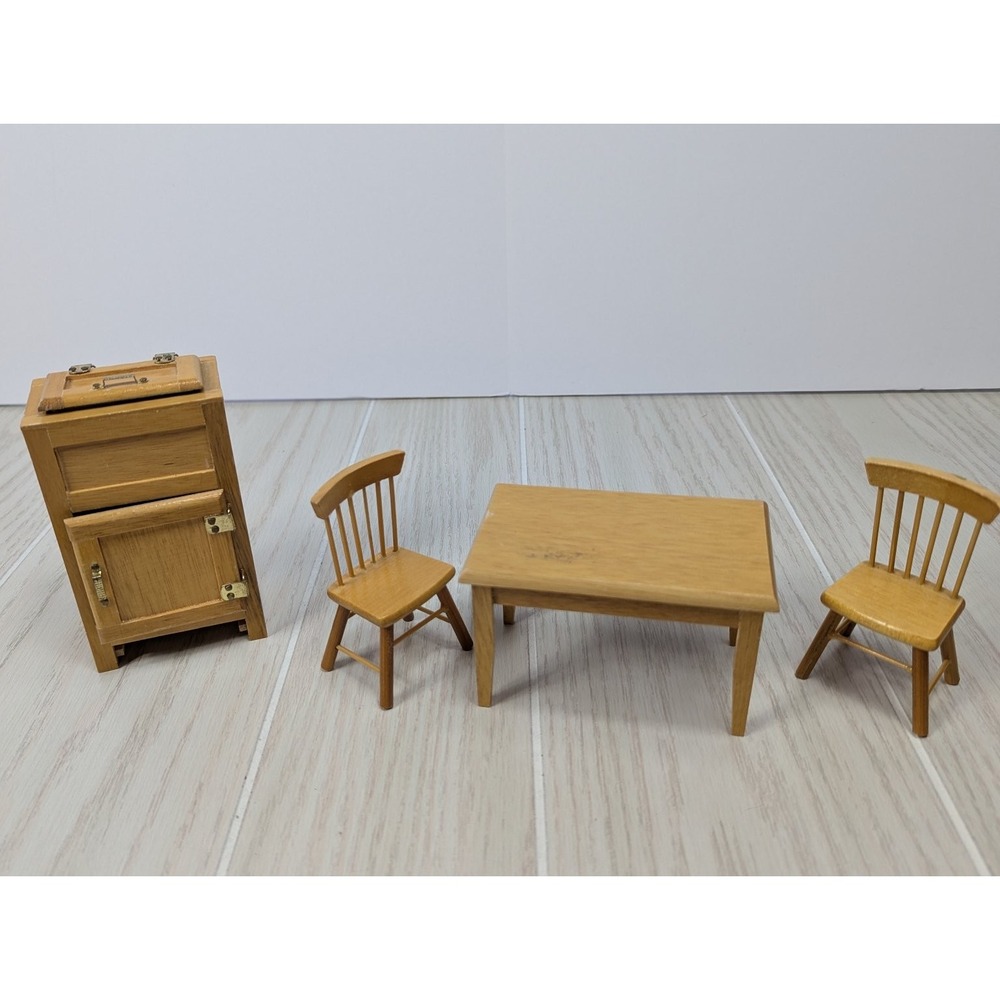 Wood Kitchen Set Dollhouse Furniture Miniature Table Chairs Icebox Taiwan